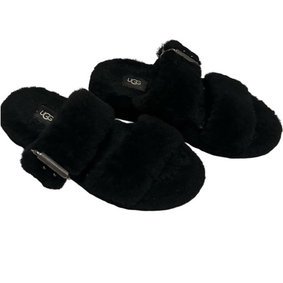 UGG Fuzz Yeah Black Furry Comfy Slipper Slide Slip on Sandal with buckle Size 7 - Picture 1 of 8